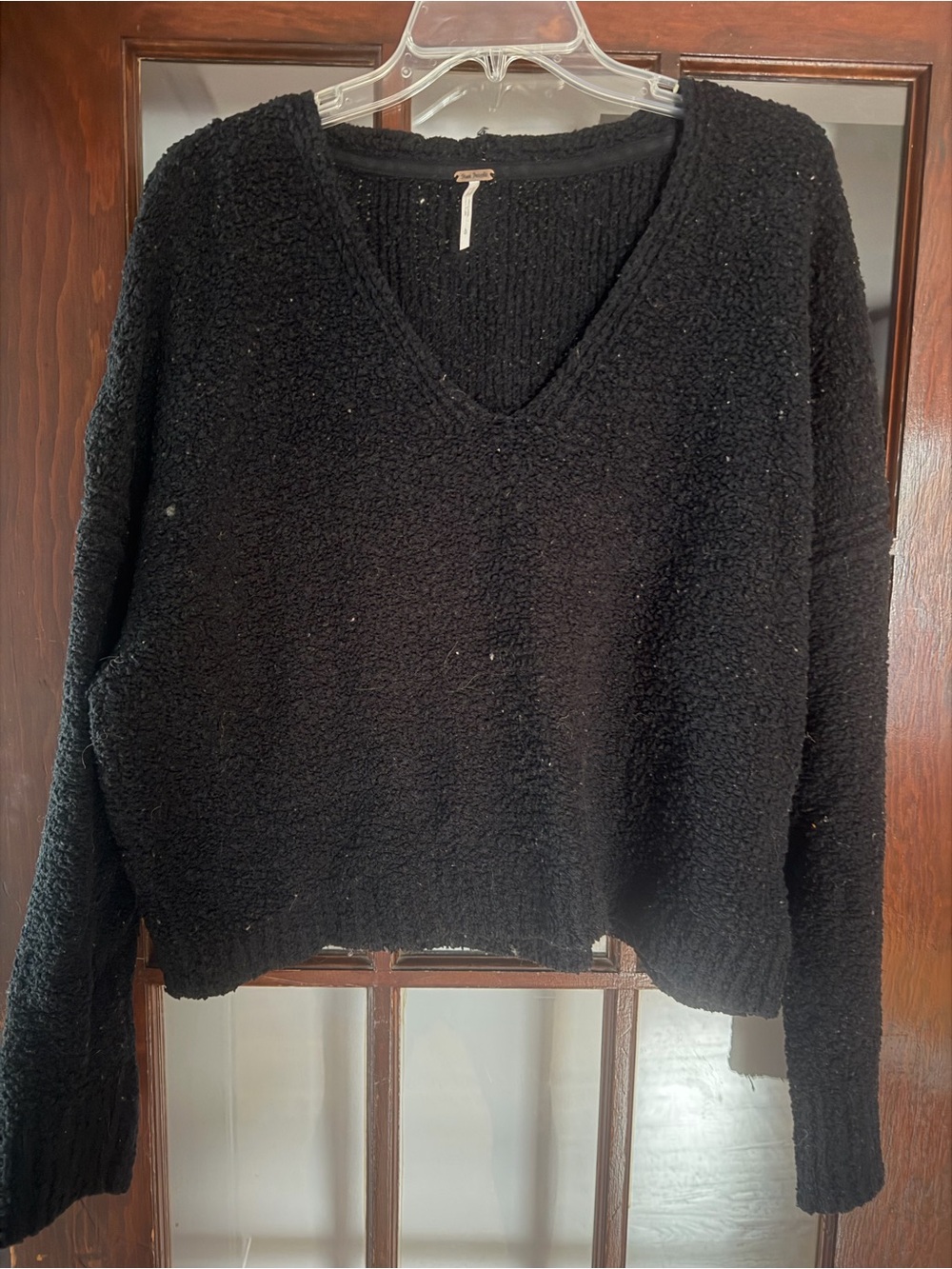Free People Black V-Neck Textured Pullover Sweater